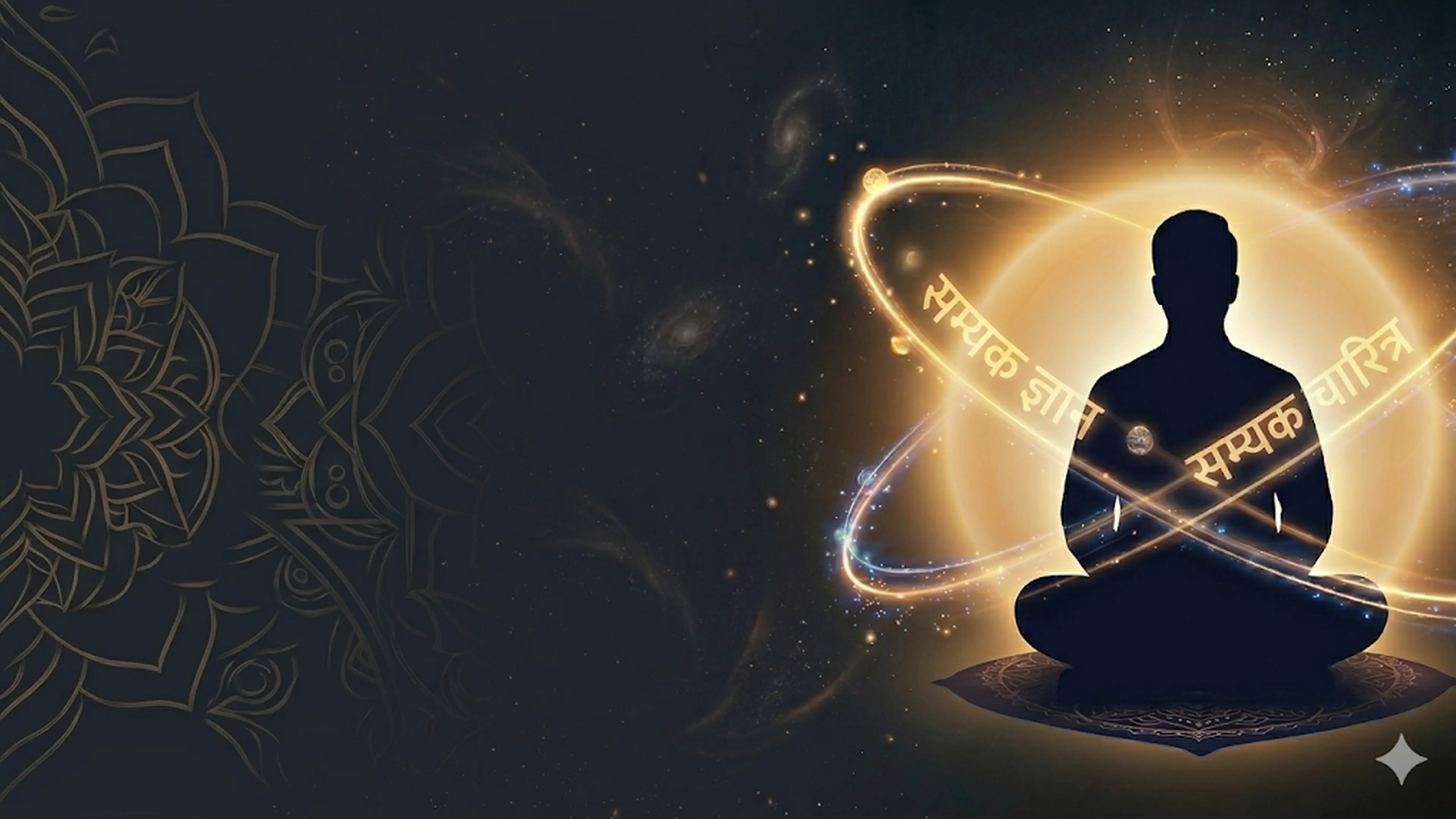 Meditating figure in silhouette with golden aura and Jain path themes — Samyak Gyaan and Samyak Charitra — Practical Jainism