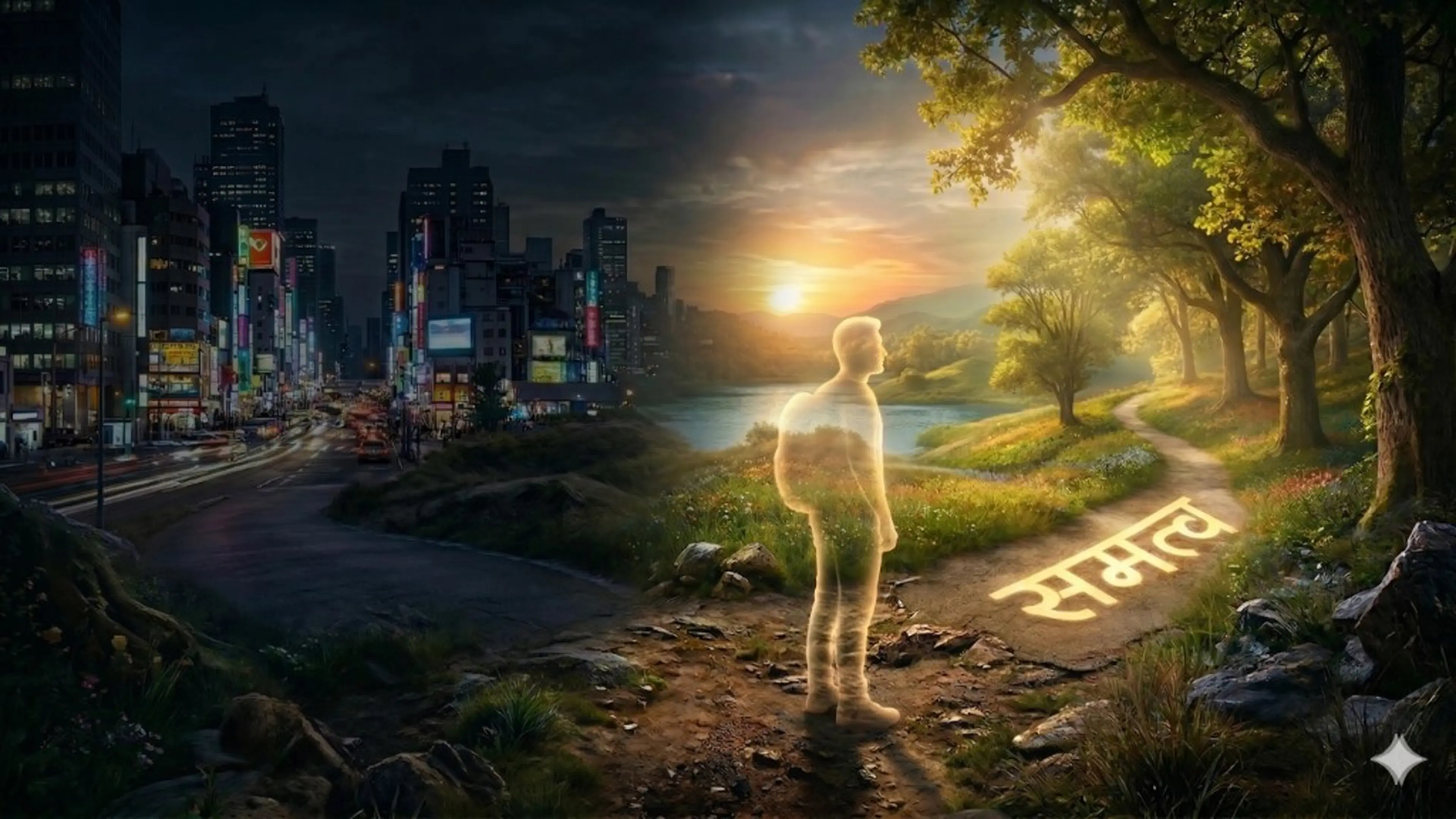 From city to nature — glowing figure on the path of Samatva (समत्व), equanimity — Practical Jainism