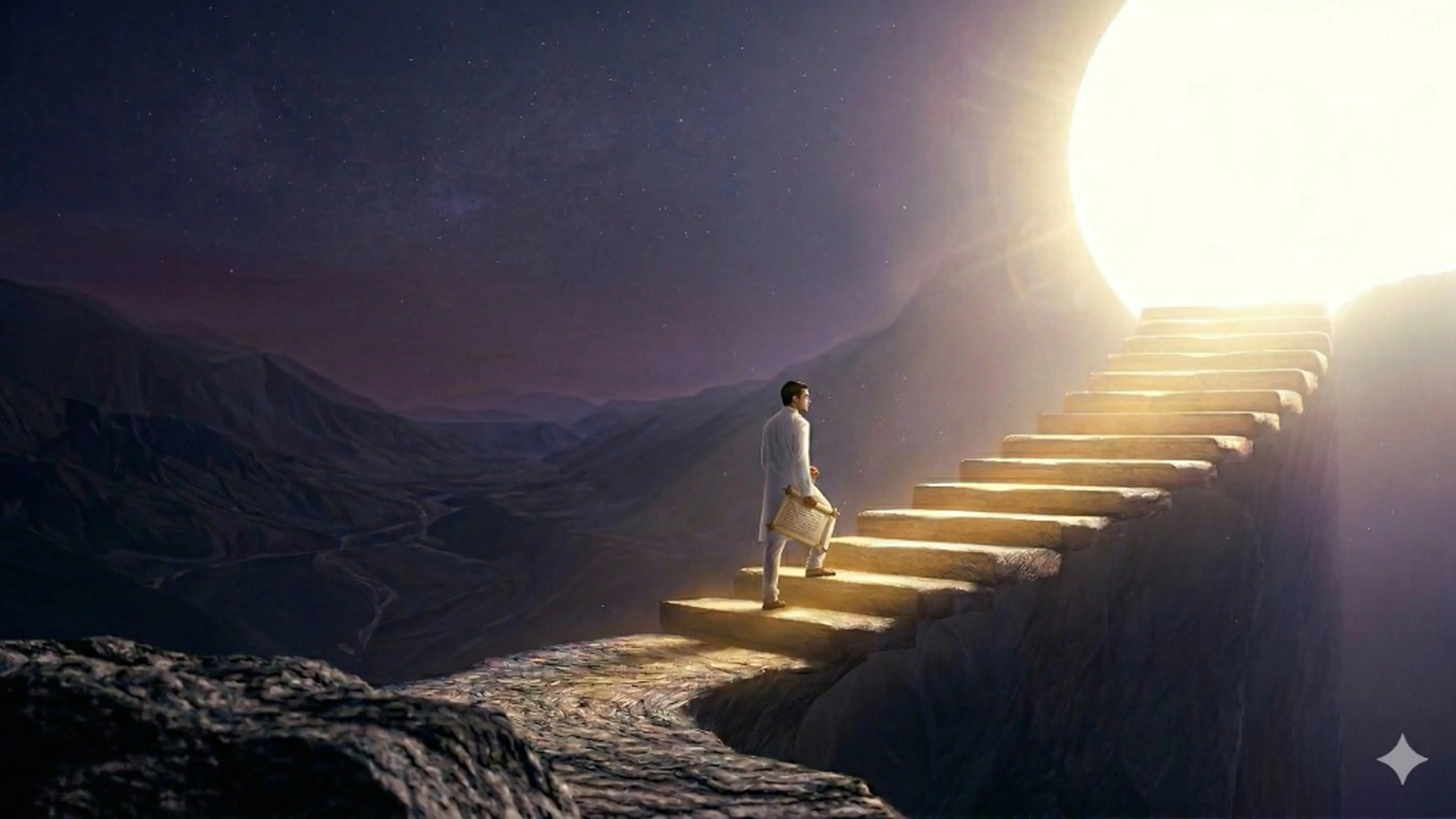 Spiritual journey — figure ascending stone steps toward radiant light under the stars — Practical Jainism
